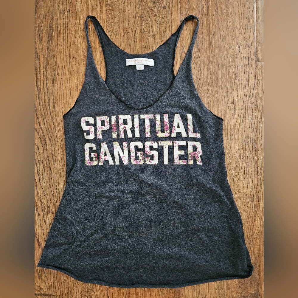 Spiritual Gangster Charcoal Gray Floral-Logo Tank, Size Small